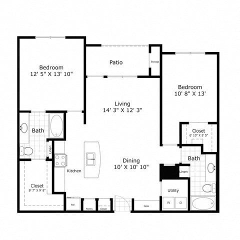 Floor plan for 2 beds, 2 baths, 1150 sqft